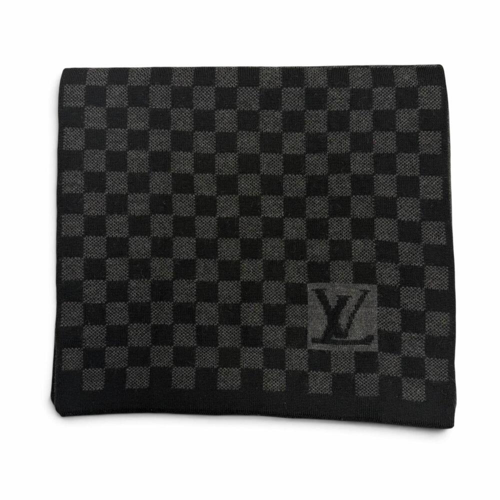 LOUIS VUITTON 401910 Echarpe Petit Damier 100% Wool Stole Scarf Black Gray Ma...